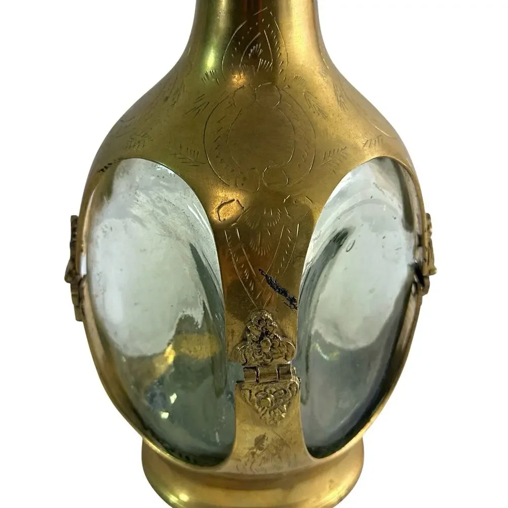 Vintage Indian Solid Brass & Glass Liquor Decanter Flask with Cup Stopper 10”